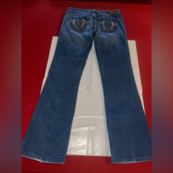 True Religion TORY Boot Cut BLUE Jeans HORSESHOE Silver Studded Pocket Womens 28 - Picture 15 of 16